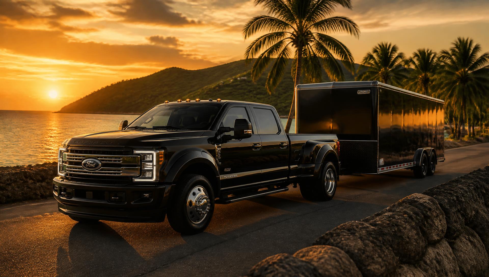 Black dually truck towing an enclosed cargo trailer on a Caribbean coastal road at sunset