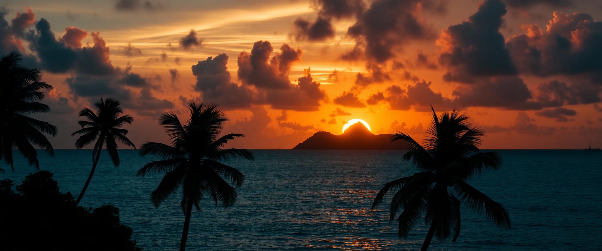Caribbean sunset over the ocean with palm tree silhouettes